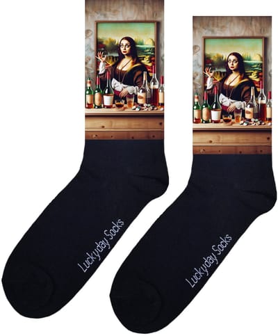 LuckyDay Socks - Kunstsokken Da Vinci - Kunstenaar - Mona Lisa - Wijn - Bier - Feest - Grappige cadeau - Verjaardag cadeau - Vrolijke sokken - Kunst sokken - Grappige sokken - Leuke dames en heren sokken - Beterschap - Opkikker - Maat 37-44