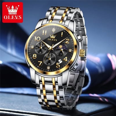 HO-3628.gz-zw : Olevs zilver/goudkl edelstaal horloge, zwarte wijzerplaat, goudkl cijfers, uren & minuten & maanfase -aanduiding, dagkalender