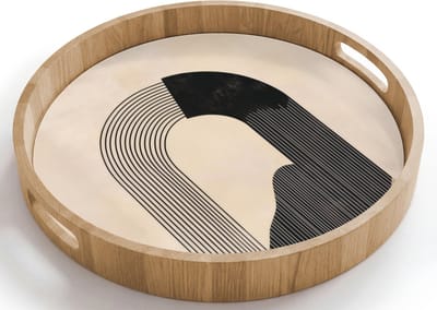 Dienblad rond 40x40 cm - Schootdienblad hout - Grafisch gebogen motief - Beige - Borrelplank rechthoek - Plateau houten dienbladen