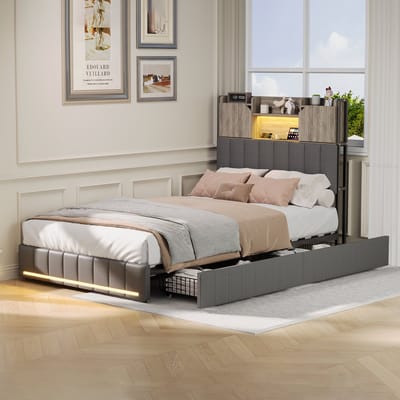 Gestoffeerd bed 90x200cm – Met opbergruimte in het hoofdeinde en 2 lades – RGB-sfeerverlichting en USB-oplaadfunctie – Ideaal voor slaapkamers of kinderkamers, grijs