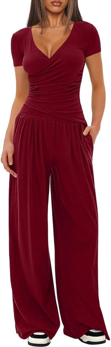 Zomerse Dames Trainingsoutfit, Set van 2 met Korte Mouwen en Brede Broek met Zakken, Casual Sportkleding voor Yoga en Vrije Tijd