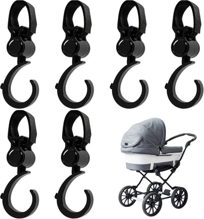 Haken - Kinderwagentashaken - Set van 6 kinderwagenhaken met veiligheidsclips - Duurzame kinderwagentashaken voor kinderwagens, rolstoelen en rollators, zwart