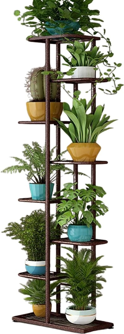 Geargalaxy 8-Laags Plantenstandaard - Plantenrek - Bloemenstandaard - Plantentrap - Metalen Plantenhouder - 41x22x141cm - Bruin