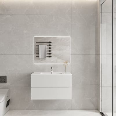 Vestland - 80 CM Witte Badkamermeubel met wastafel en 80 x 60 CM Rechthoekige LED Badkamerspiegel - Complete Badkamermeubelset