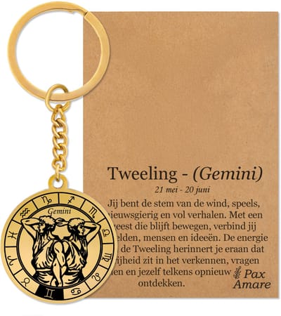Sterrenbeeld Tweelingen (Gemini) Sleutelhanger op Cadeau Kaartje – Spiritueel Cadeau van Roestvrij Staal – Goudkleurig – Pax Amare
