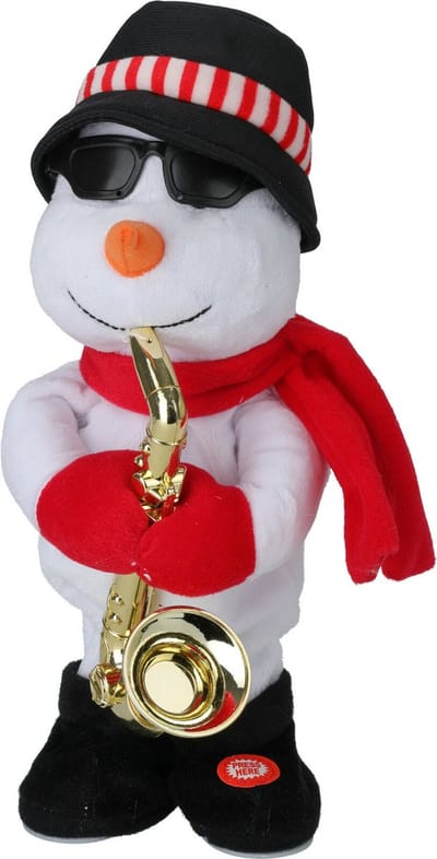 Tender toys Sneeuwpop pop - met saxofoon - dansend met muziek - 35 cm- kerstfiguur
