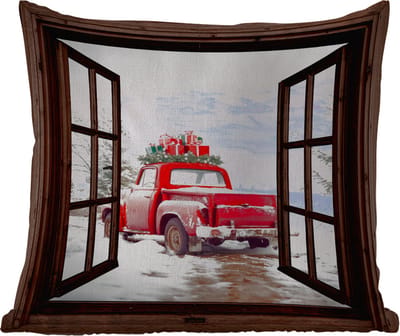Buitenkussen Weerbestendig - Doorkijk - Auto - Rood - Cadeaus - Winterlandschap - Kerst - 50x50 cm