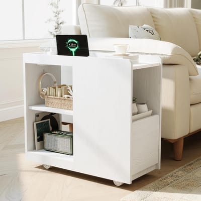 Verrijdbaar Nachtkastje met Stopcontact & Lade - Smalle Bijzettafel met Wielen - USB & Type-C Oplaadstation - wit - 70x30x63 cm