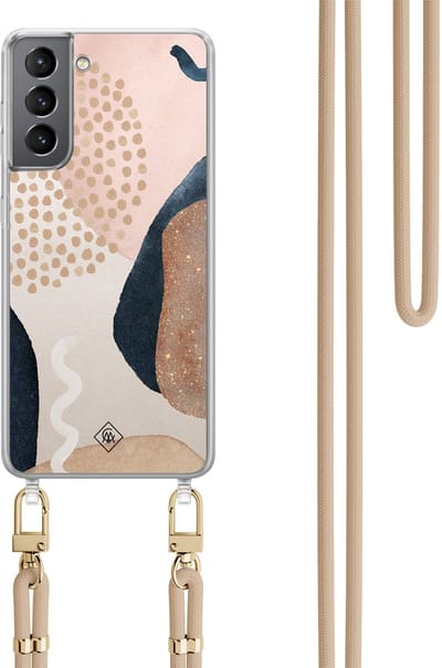 Casimoda® hoesje met beige koord - Geschikt voor Samsung S21 Plus - Abstract Dots - Afneembaar koord - TPU/polycarbonaat - Bruin/beige