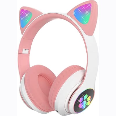 QTTVBTNA -Kinderkoptelefoon Bluetooth met kattenoren – Over-Ear draadloze hoofdtelefoon met LED-licht, opvouwbaar, stereo geluid, ideaal voor meisjes en jongens