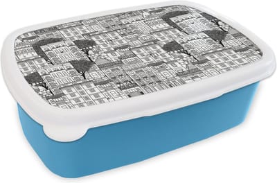 Broodtrommel Blauw - Lunchbox - Brooddoos - Patroon - Huizen - Steden - 18x12x6 cm - Kinderen - Jongen