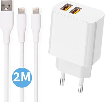 Oplader geschikt voor iPhone 11 Pro Max XS Max XR - 2x Lightning naar usb kabel - 2 Meter - Usb Adapter 2 Poorten