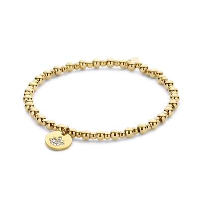 CO88 Collection 8CB-91265 Stalen Kralen Armband met Lotus - 3,9mm en 2,8mm Bolletjes - 10mm Hangertje - Zirkonia - Rekbaar - 17,8cm - Goudkleurig