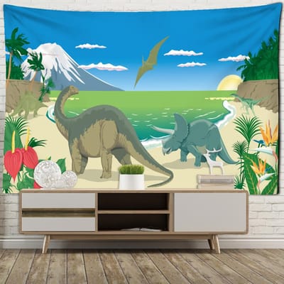 Oude Tijden Retro Dinosaurus Wandtapijt Muurhanger Hekserij Psychedelisch Cartoon Kawaii Jongenskamer Decor Achtergronddoek 95x70cm gray