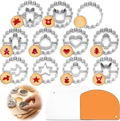 Set van 11 kerstkoekjes uitstekers met 2 taartscheppers, mini kerstvormpjes van roestvrij staal voor bakken, inclusief kerstboom, sneeuwman, eland, gemberbroodman, sneeuwvlok en engel