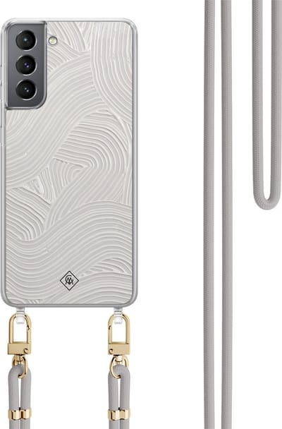 Casimoda® hoesje met koord - Geschikt voor Samsung S21 - Abstract Waves - Afneembaar koord - TPU/polycarbonaat - Grijs