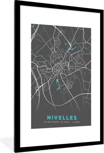 Fotolijst incl. Poster - Stadskaart – Grijs - Kaart – Nivelles – België – Plattegrond - 60x90 cm - Posterlijst