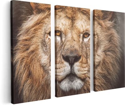 Artaza Canvas Schilderij Drieluik Leeuw - Leeuwenkop - Kleur - 120x80 - Foto Op Canvas - Canvas Print
