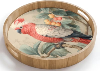 Dienblad rond 40x40 cm - Schootdienblad hout - Roze kuifkaketoe - Tak met vruchten - Bladeren - Borrelplank rechthoek - Plateau houten dienbladen