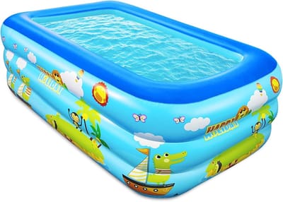 Ulisem - Opblaasbaar zwembad - Rechthoekig 3-ring kinderbadje met zachte antislip bodem - Stevig PVC materiaal - Snel op te blazen met 3 luchtkamers - Makkelijk af te laten via bodemplug - Ook te gebruiken als ballenbad - Voor tuin - 150*105*60cm