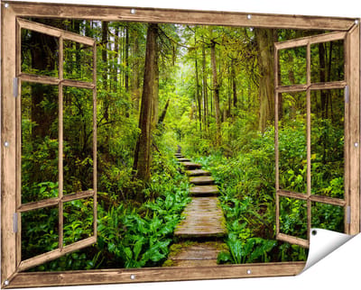 Gards Tuinposter Doorkijk Voetpad in het Bos met Groene Planten - 150x100 cm - Tuindoek - Tuindecoratie - Wanddecoratie buiten - Tuinschilderij