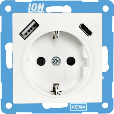 ION Industries - ION Industries V1/J1 contactdoos inbouw - 1-voudig - randaarde - met USB-A en USB-C - 71 x 71 x 32 mm - Alpin Wit