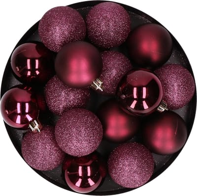 12x stuks kunststof kerstballen aubergine roze 6 cm mat/glans/glitter -Onbreekbare plastic kerstballen - Kerstversiering