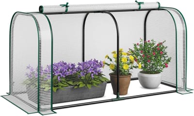 COSTWAY 2-in-1 mini-broeikas, PE-afdekking voor verhoogd bed, broeikas met oprolbare deur met ritssluiting, foliekas metalen frame, plantenhuis, weerbestendig, voor balkon en tuin, 118 x 55 x 60 cm