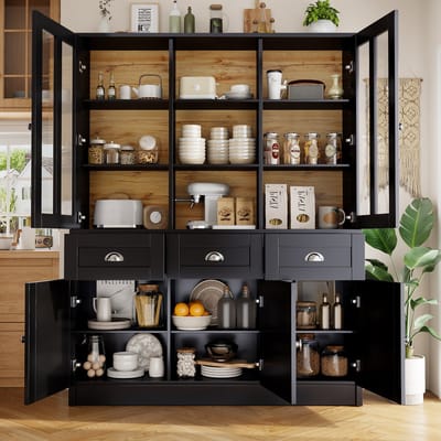 Buffetkast 140x38,5x175 cm - Met Lades en Vitrinekast Ontwerp - Modern Minimalistisch - Hout - Zwart