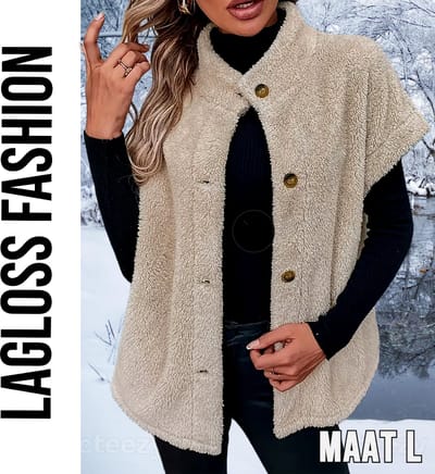 LaGloss® Elegante Teddybeer Vest – Korte Mouwen Blazer met Enkele Knoopsluiting – Khaki H-Lijn Silhouet – Herfst/Winter Casual Buitenkleding – Maat L