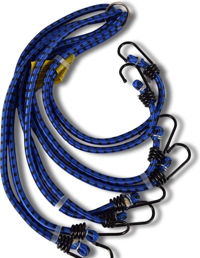 Bagagebinder 80 cm Ø 10 mm - Blauw met Zwarte Strepen - 8 Sterke Elastische Armen en Haken - Spinbinder voor Transport Fiets, Auto & Motor