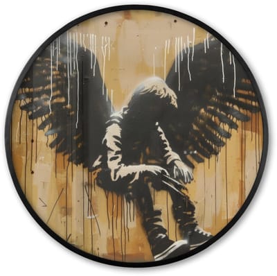 Poster in lijst Rond - Fotolijst 60x60 cm - Posters - Graffiti - Kunst - Vleugels - Street art - Banksy Style - Ronde posterlijst zwart - Decoratie - Wanddecoratie woonkamer - Muurdecoratie slaapkamer