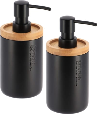 Tendance Zeeppompje 102 series - 2x - zwart - bamboe rand - PS - D7,5 x H17 cm - vrijstaand - zeepdispenser - 230 ml