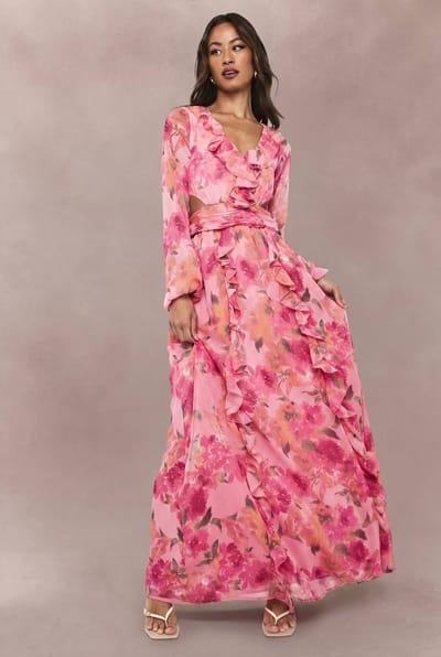 boohoo Dames Lange florale chiffon maxi-jurk met volumineuze mouwen | Roze | Maat: 36