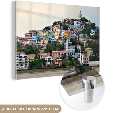 ® Glasschilderij 180x120 cm - Schilderij acrylglas - Kleurrijke huizen op de heuvel in Guayaquil - Foto op glas - Muurdecoratie woonkamer - Wanddecoratie slaapkamer - Schilderijen