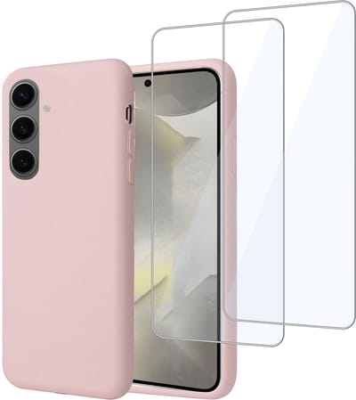 Geschikt voor Samsung Galaxy S24 - Hoesje + 2x Screenprotector – Gehard Glas Cover - Suède Case Rose