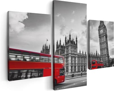 Artaza Canvas Schilderij Drieluik Rode Bussen in Londen - Retro - 90x60 - Foto Op Canvas - Canvas Print
