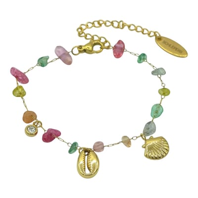 Boho armbandje met Gekleurde Steentjes en beach bedeltjes – Goldplated & Waterproof - 16.5 - 21.5 cm