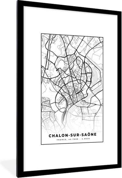 Fotolijst incl. Poster Zwart Wit- Stadskaart - Frankrijk - Chalon-sur-Saône - Kaart - Plattegrond - Zwart wit - 80x120 cm - Posterlijst