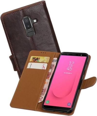 Zakelijke Book Case Telefoonhoesje Geschikt voor de Samsung Galaxy J8 - Portemonnee Hoesje - Pasjeshouder Wallet Case - Mocca