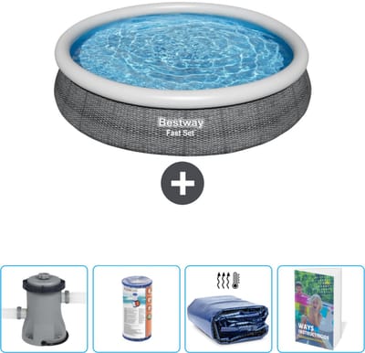 Bestway Rond Opblaasbaar Fast Set Zwembad - Rotanprint - 366 x 76 cm - Inclusief Pomp Filter - Solarzeil - Zwembadgids