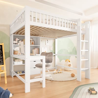 MODFU Bedframe 140x200 cm van massief grenen en MDF, met ingebouwd bureau, 3 lades en veiligheidsrail, wit