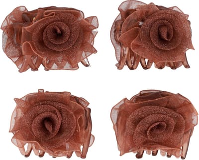 Haarsoires Haarspeld Haarklemmen 3cm – Roos Bloem – Chiffon Stof – Bruin – Set van 4 - Haarclip Klem - Hair Claw - voor Opsteken Haar - Hair Clip - Decoratieve Haaraccessoire