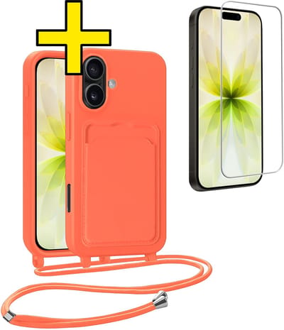 Hoesje Geschikt voor iPhone 17 Telefoonhoesje Met Koord Case Pashouder Met Screenprotector Siliconen - Hoes Geschikt voor iPhone 17 Hoesje Met Kaarthouder - Papaya