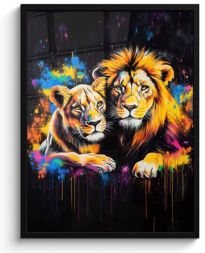 Poster in lijst - Fotolijst 50x70 cm - Posters - Leeuwen - Schilderij - Kleuren - Posterlijst zwart - Decoratie - Wanddecoratie woonkamer - Muurdecoratie slaapkamer