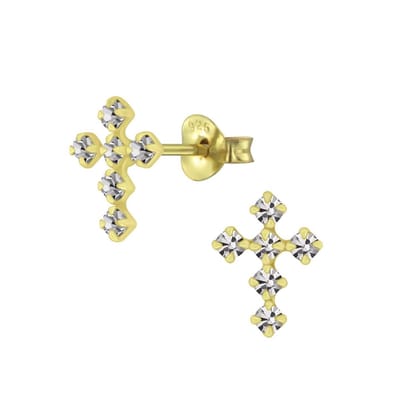 Joy|S - Zilveren kruis oorbellen - 7 x 10 mm - black diamond/ grijs kristal - gold plated