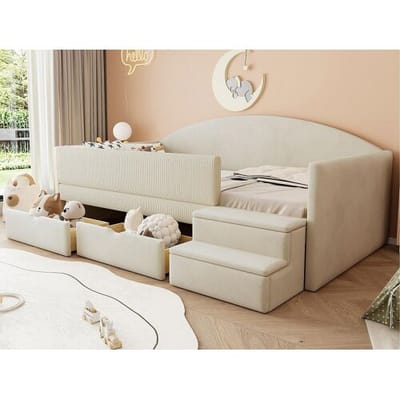 ModernLuxe Gestoffeerd kinderbed 90x190 cm - met 2 laden - met treden - fluweel - beige (matras niet inbegrepen)