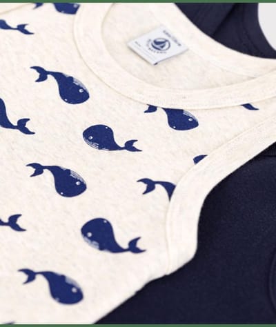Petit Bateau Setje met 2 katoenen kinderhemdjes met walvisprint Jongens Onderhemd - Blauw + Beige/Blauw