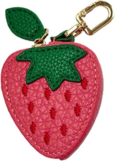 Klein leren portemonnee met aardbei decoratie, compacte sleutelhanger voor munten en sleutels, ideaal voor Halloween en Kerstmis