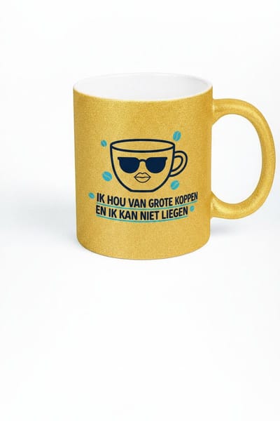 Gouden Glitter Koffiemok "Ik hou van grote koppen" - Originele Cadeau Idee